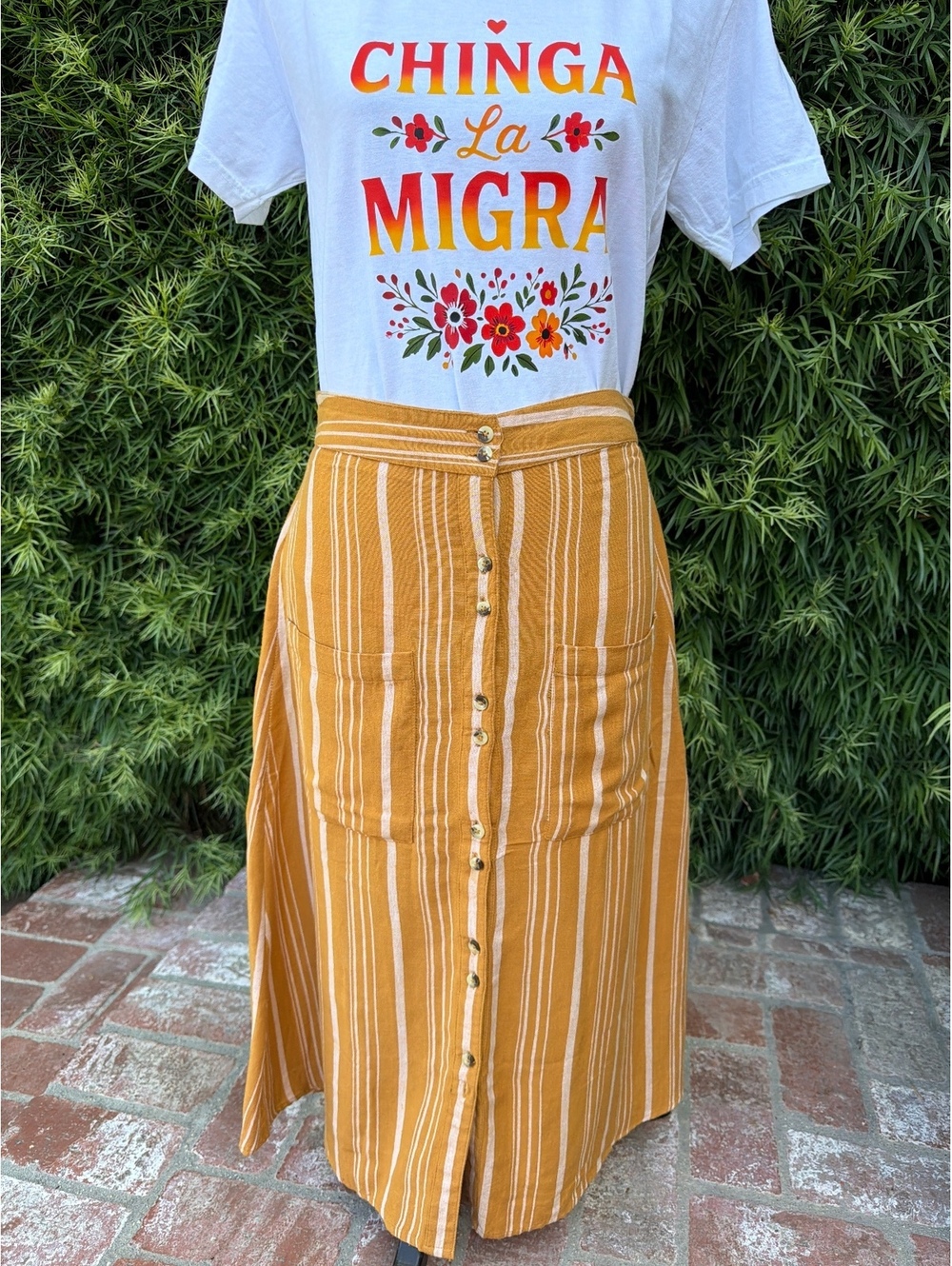Rip Curl Women's Striped Button-Front Midi Skirt in Mustard Yellow, Size Small